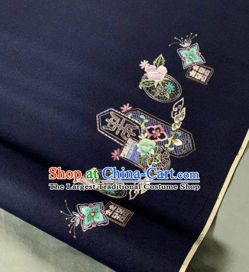 Chinese Classical Embroidered Pattern Design Navy Silk Fabric Asian Traditional Hanfu Brocade Material