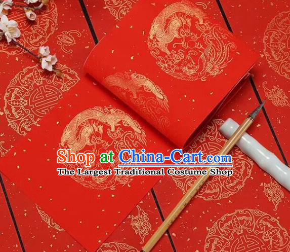 Chinese Traditional Phoenix Dragon Pattern Calligraphy Red Art Paper Handmade New Year Couplet Writing Xuan Paper
