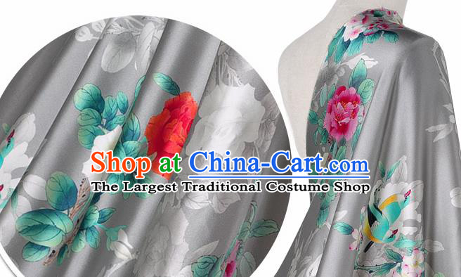 Chinese Classical Peony Flowers Pattern Design Grey Silk Fabric Asian Traditional Hanfu Mulberry Silk Material