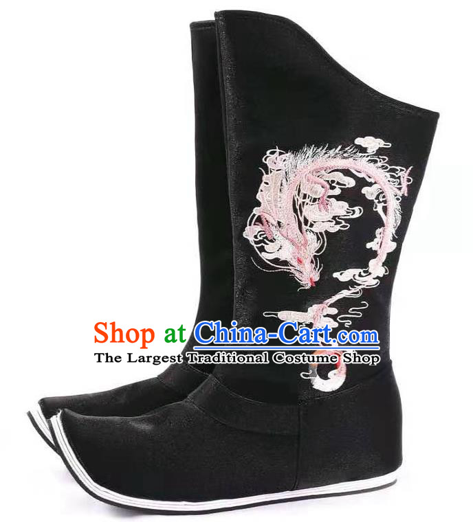 Traditional Chinese Embroidered Dragon Black Boots Kung Fu Boots Opera Shoes Hanfu Shoes for Women