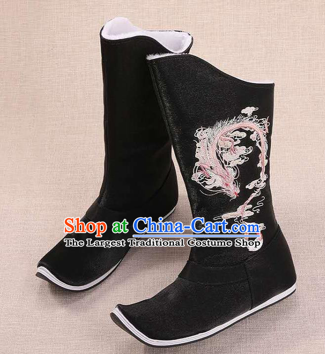 Traditional Chinese Embroidered Dragon Black Boots Kung Fu Boots Opera Shoes Hanfu Shoes for Women
