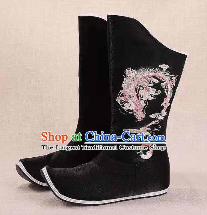Traditional Chinese Embroidered Dragon Black Boots Kung Fu Boots Opera Shoes Hanfu Shoes for Women