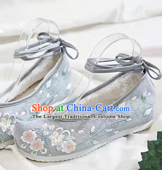 Chinese Embroidered Flowers Grey Shoes Hanfu Shoes Women Shoes Opera Shoes Princess Shoes