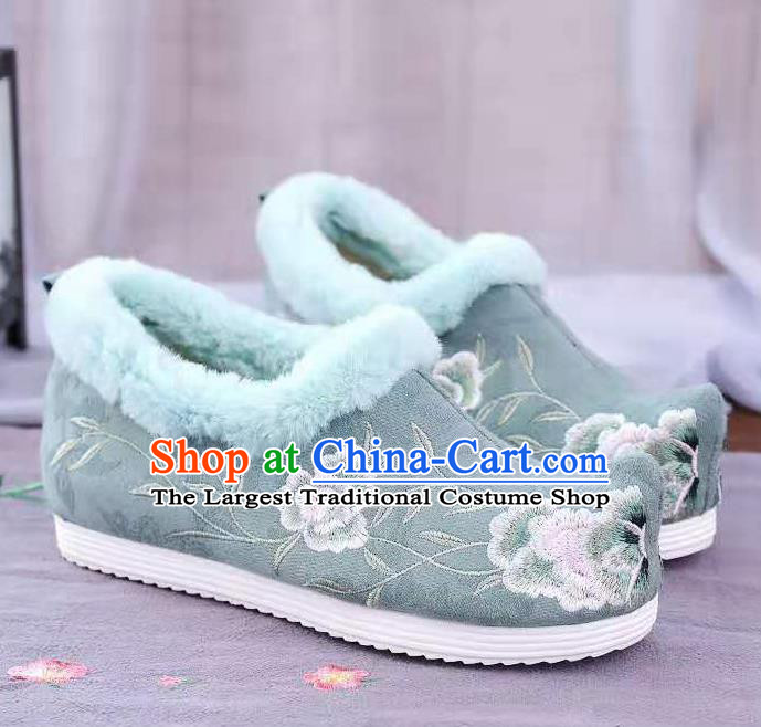 Chinese Winter Embroidered Green Shoes Hanfu Shoes Women Shoes Opera Shoes Princess Shoes