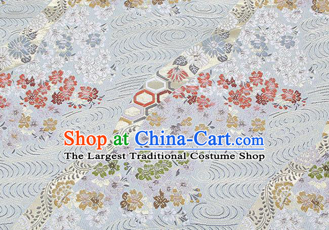 Chinese Classical Sakura Pattern Design Light Blue Brocade Fabric Asian Traditional Hanfu Satin Material