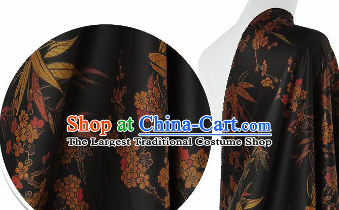 Chinese Classical Bamboo Plum Pattern Design Black Silk Fabric Asian Traditional Hanfu Mulberry Silk Material