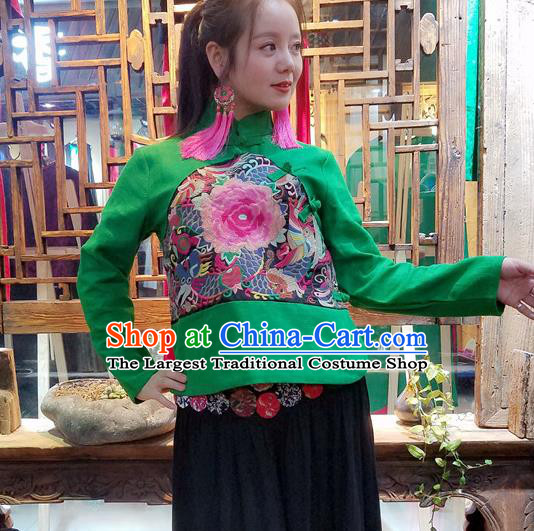 Traditional Chinese Embroidered Peony Green Shirt National Cheongsam Blouse Costume for Women
