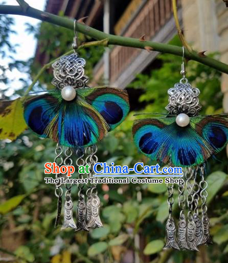 Traditional Chinese Handmade Peacock Feather Earrings National Ear Accessories for Women