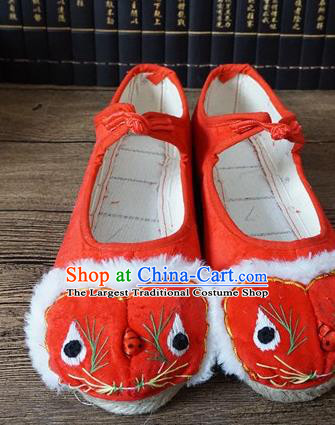 Traditional Chinese Ethnic Embroidered Tiger Red Slippers Handmade National Shoes Hanfu Shoes for Women