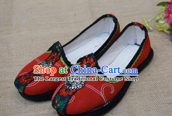 Traditional Chinese Ethnic Female Red Shoes Handmade Yunnan National Shoes Hanfu Shoes for Women