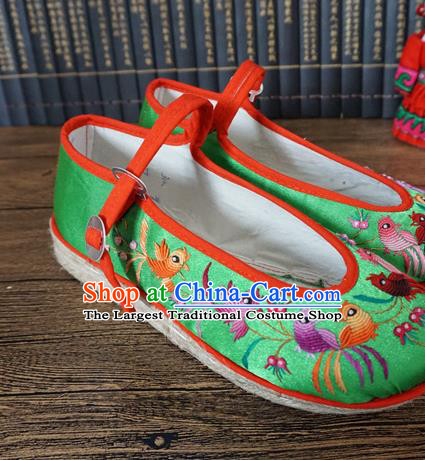 Traditional Chinese Ethnic Embroidered Magpie Green Shoes Handmade Yunnan National Shoes Wedding Shoes for Women