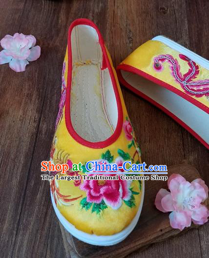 Traditional Chinese Wedding Embroidered Phoenix Peony Yellow Shoes National Ethnic Shoes Hanfu Shoes for Women