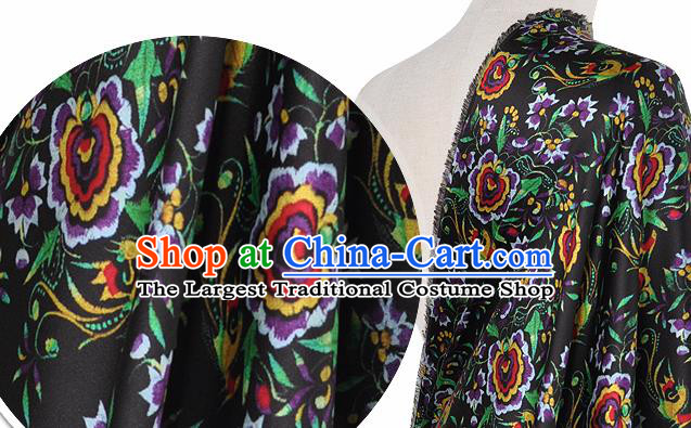 Chinese Classical Phoenix Flowers Pattern Design Black Silk Fabric Asian Traditional Hanfu Mulberry Silk Material