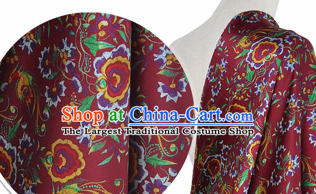 Chinese Classical Phoenix Flowers Pattern Design Purplish Red Silk Fabric Asian Traditional Hanfu Mulberry Silk Material