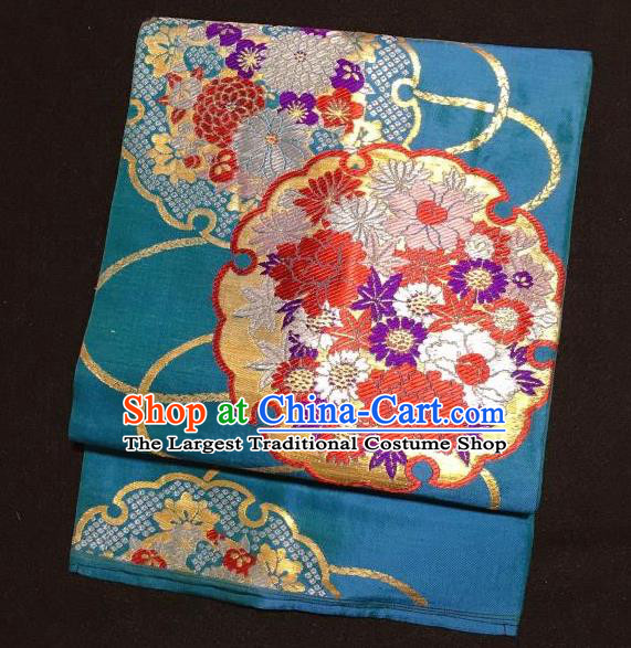 Japanese Traditional Embroidered Peony Pattern Blue Waistband Japan Kimono Yukata Belt for Women