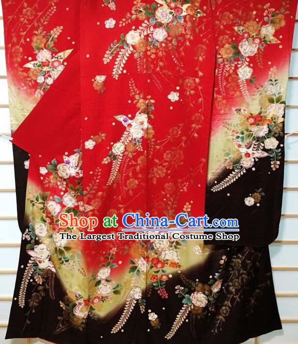 Japanese Traditional Embroidered Camellia Red Furisode Kimono Japan Yukata Dress Costume for Women