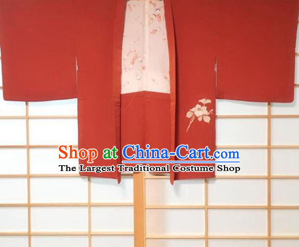 Japanese Traditional Embroidered Flower Pattern Red Haori Jacket Japan Kimono Overcoat Costume for Men