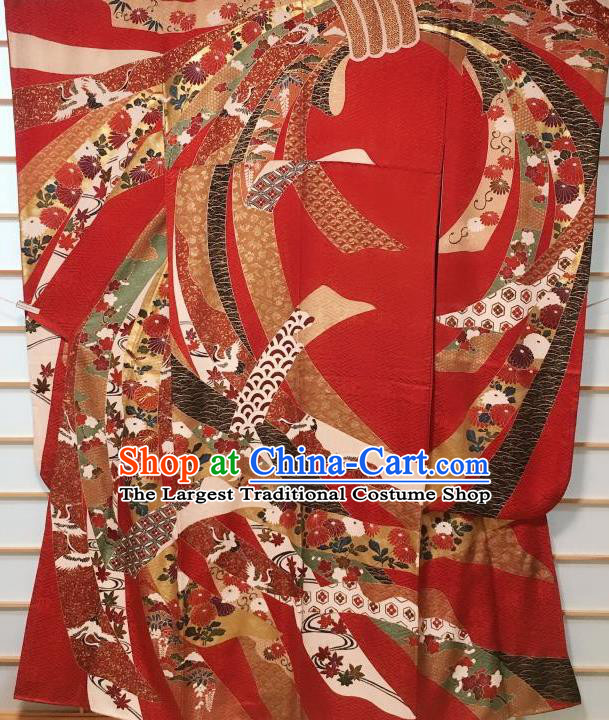 Japanese Classical Embroidered Crane Pattern Red Furisode Kimono Japan Traditional Yukata Dress Costume for Women