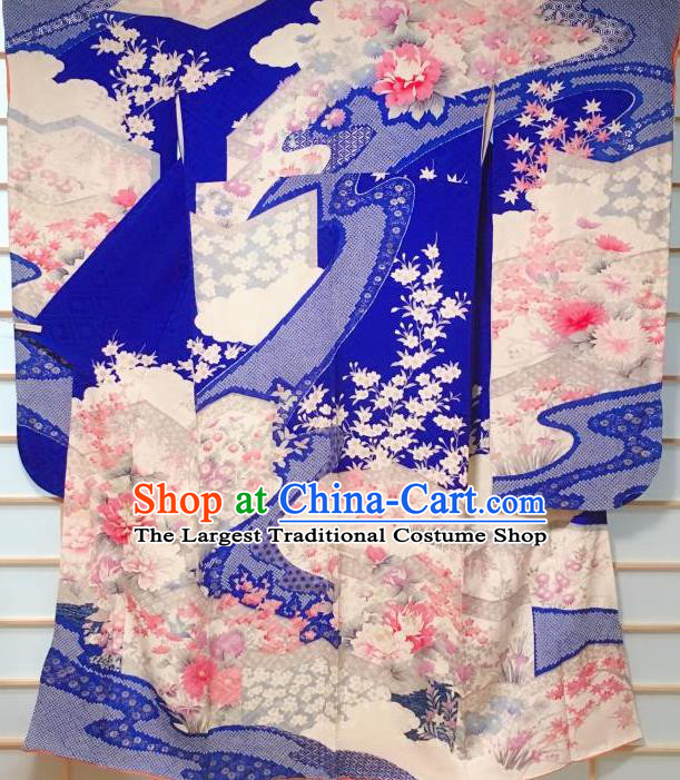 Traditional Japanese Royalblue Furisode Kimono Japan Classical Peony Flowers Pattern Yukata Dress Costume for Women