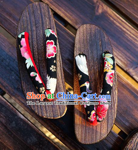 Traditional Japanese Crane Sakura Pattern Black Geta Slippers Asian Japan Clogs Shoes for Women