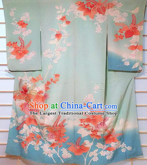 Traditional Japanese Embroidered Blue Tsukesage Kimono Japan Classical Pattern Yukata Dress Costume for Women