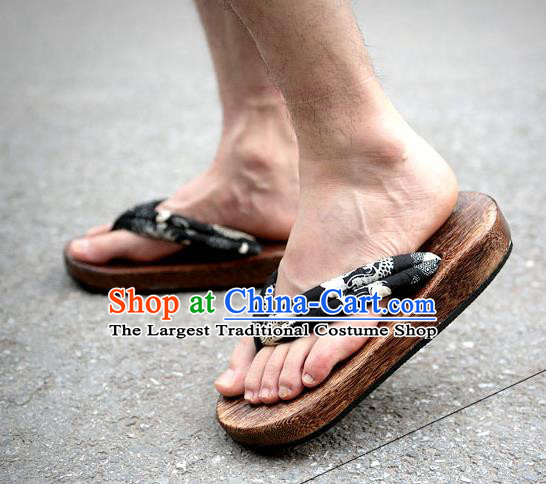 Traditional Japanese Dragon Pattern Black Geta Slippers Asian Japan Clogs Shoes for Men