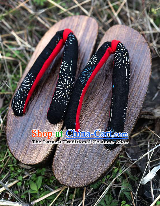Traditional Japanese Classical Fireworks Pattern Black Flip Flops Slippers Zori Geta Asian Japan Clogs Shoes for Women