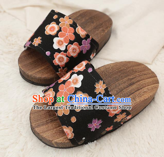 Japanese Traditional Plum Blossom Pattern Black Clogs Wood Slippers Asian Japan Geta Shoes for Women