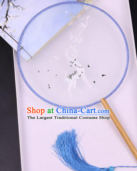 Chinese Traditional Embroidered Deer Blue Palace Fans Handmade Silk Round Fan for Women