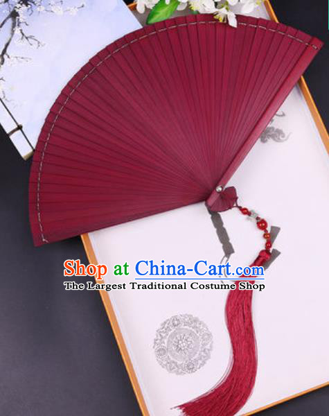 Chinese Traditional Classical Dance Wine Red Folding Fans Handmade Bamboo Accordion Fan