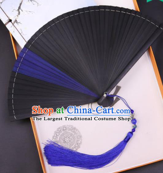 Chinese Traditional Classical Dance Black and Blue Folding Fans Handmade Bamboo Accordion Fan