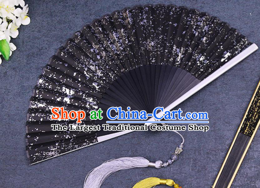 Chinese Traditional Classical Dance Black Silk Folding Fans Handmade Accordion Bamboo Fan