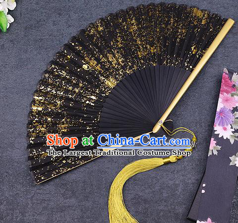 Chinese Traditional Classical Dance Black Silk with Gold Folding Fans Handmade Accordion Bamboo Fan