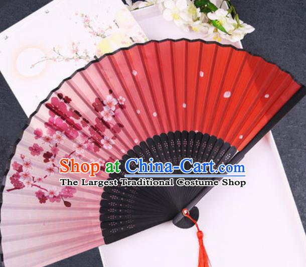 Chinese Traditional Classical Dance Printing Plum Blossom Red Silk Folding Fans Handmade Accordion Bamboo Fan