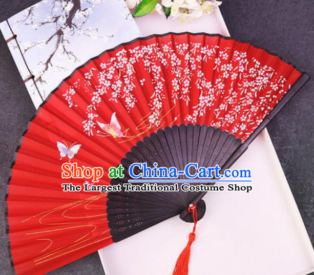 Chinese Traditional Classical Dance Printing Wisteria Butterfly Red Silk Folding Fans Handmade Accordion Bamboo Fan