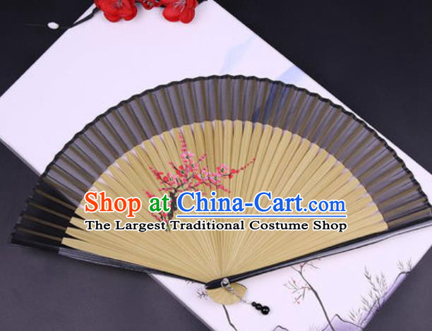 Chinese Traditional Painting Plum Black Silk Folding Fans Handmade Accordion Classical Dance Bamboo Fan