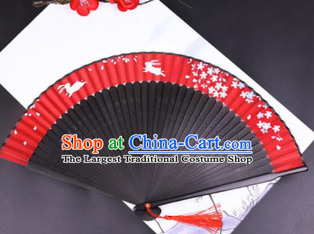 Chinese Traditional Painting Rabbit Red Silk Folding Fans Handmade Accordion Classical Dance Bamboo Fan