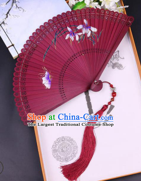 Chinese Traditional Painting Orchid Butterfly Red Bamboo Folding Fans Handmade Accordion Classical Dance Fan