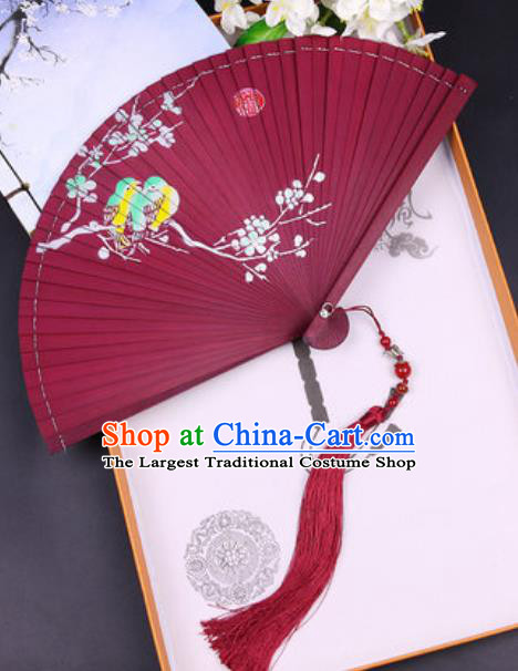 Chinese Traditional Painting Plum Bird Red Bamboo Folding Fans Handmade Accordion Classical Dance Fan