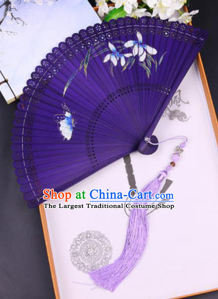 Chinese Traditional Painting Orchid Butterfly Purple Bamboo Folding Fans Handmade Accordion Classical Dance Fan