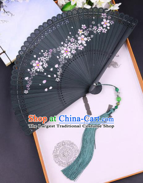 Chinese Traditional Painting Sakura Green Bamboo Folding Fans Handmade Accordion Classical Dance Fan
