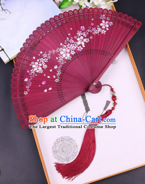 Chinese Traditional Painting Sakura Red Bamboo Folding Fans Handmade Accordion Classical Dance Fan