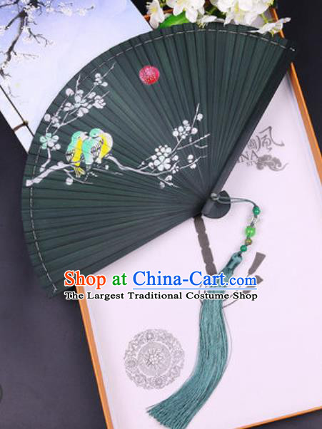 Chinese Traditional Painting Plum Green Bamboo Folding Fans Handmade Accordion Classical Dance Fan