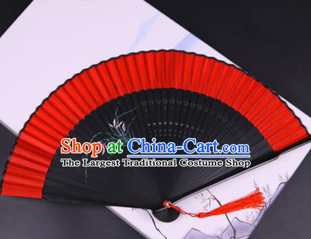 Chinese Traditional Painting Orchid Red Silk Folding Fans Handmade Accordion Classical Dance Bamboo Fan