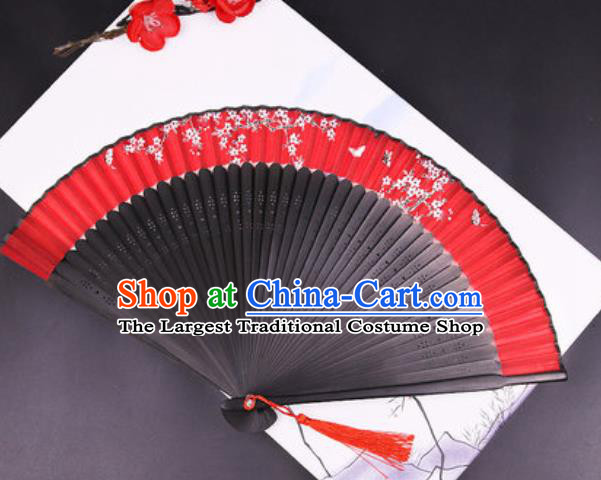 Chinese Traditional Painting Plum Butterfly Red Silk Folding Fans Handmade Accordion Classical Dance Bamboo Fan