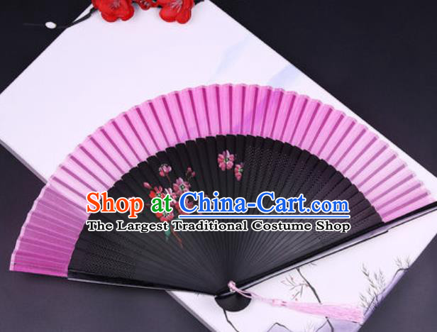 Chinese Traditional Painting Flowers Rosy Silk Folding Fans Handmade Accordion Classical Dance Bamboo Fan