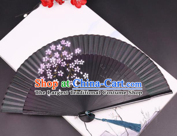 Chinese Traditional Painting Deep Gray Silk Folding Fans Handmade Accordion Classical Dance Bamboo Fan