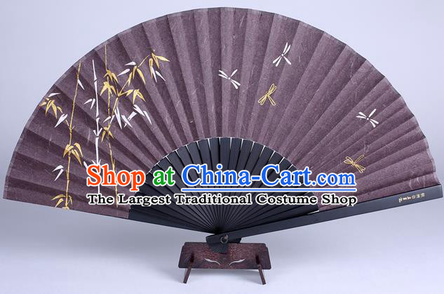 Traditional Chinese Handmade Printing Bamboo Dragonfly Purple Silk Folding Fan China Accordion Fan Oriental Fan