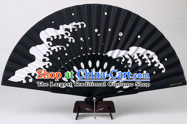 Traditional Chinese Handmade Printing Wave Black Silk Folding Fan China Accordion Fan Oriental Fan