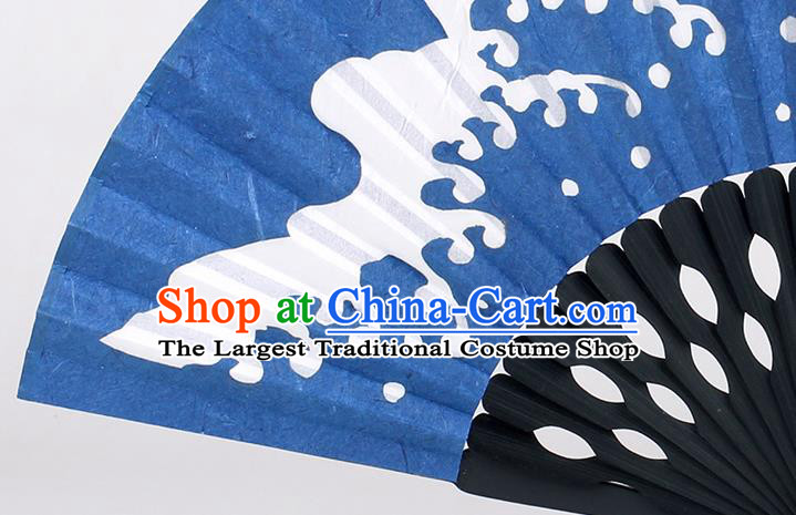 Traditional Chinese Handmade Printing Wave Blue Silk Folding Fan China Accordion Fan Oriental Fan